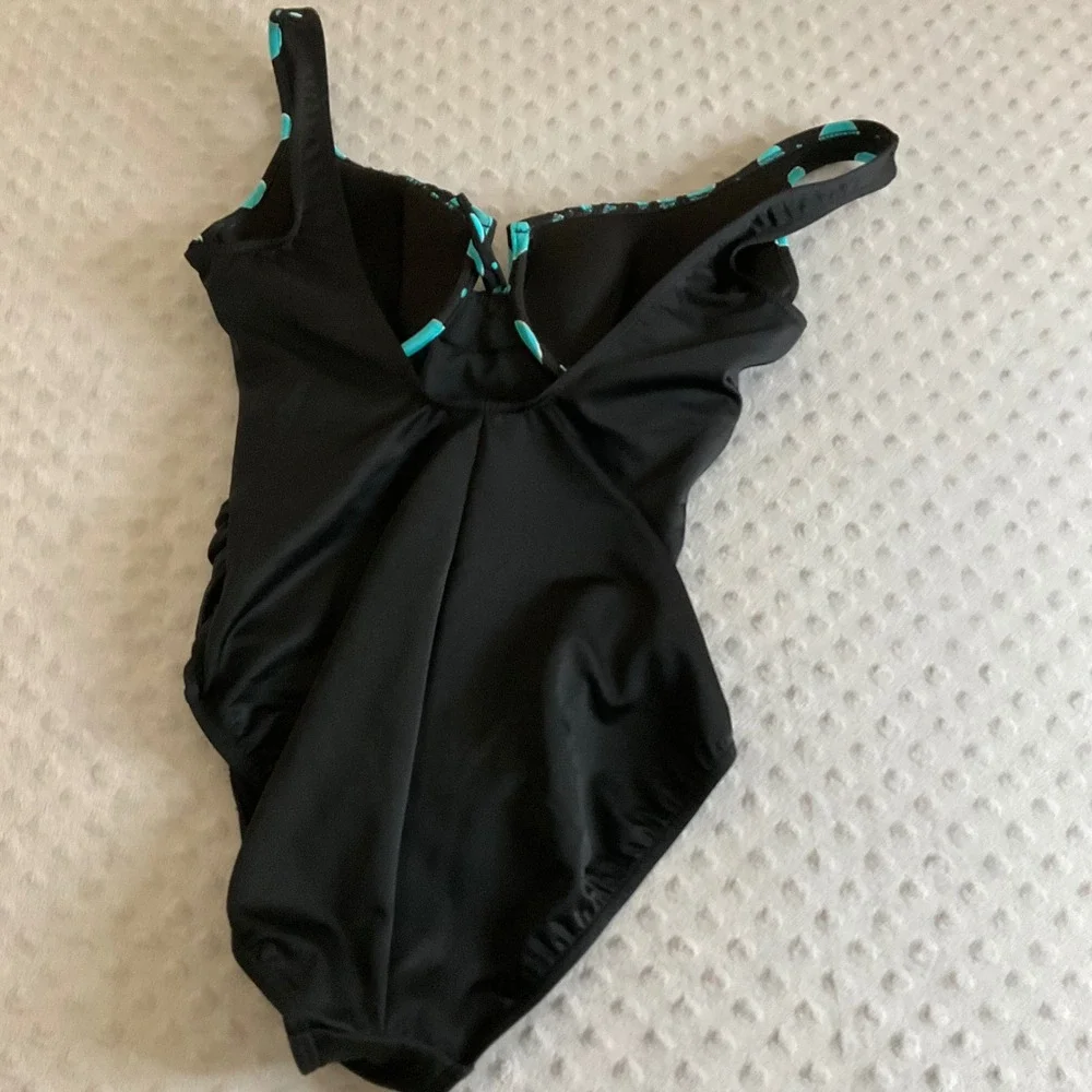 Miraclesuit One Piece Swimsuit Women 12 Black Teal Polka Dot Tummy Control